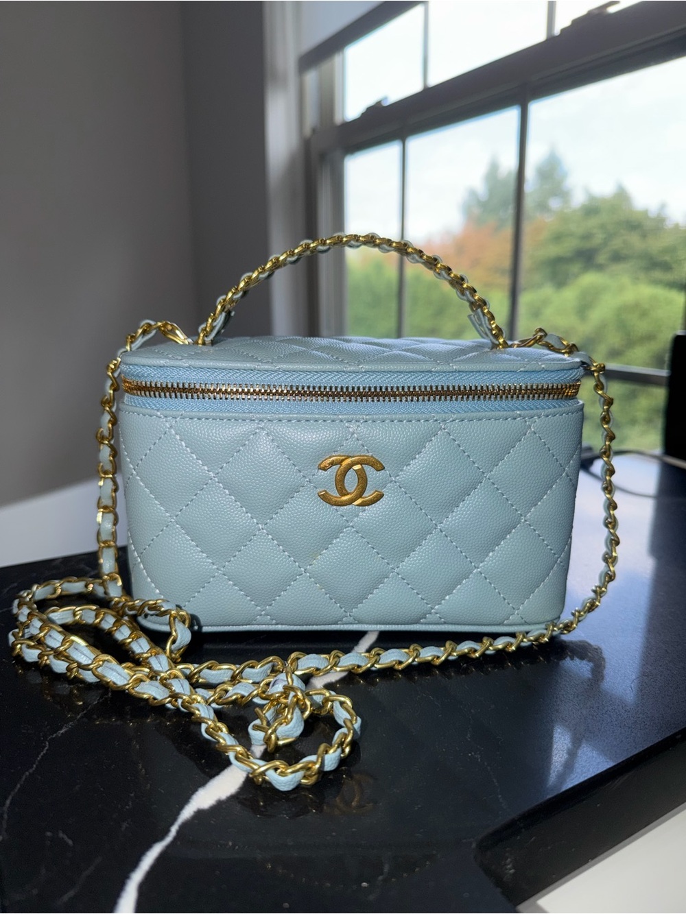 CHANEL Light Blue Quilted Vanity Crossbody with Gold Hardware